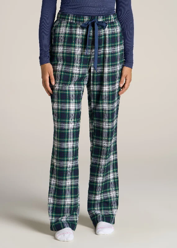 Plus-Size Women's Pants Open-Bottom Flannel Women's Tall Pajama Pants in Green and Navy Tartan