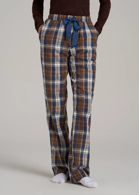 Slouchy Chic Pants Open-Bottom Flannel Women's Tall Pajama Pants in Brown Blue Plaid