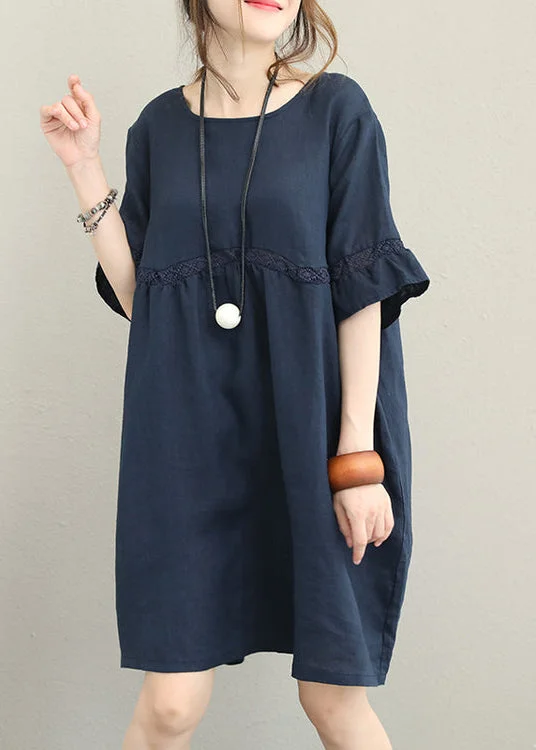 Formal Dresses For Women Fine dark blue linen knee dress oversized linen cotton dress boutique flare sleeve lace patchwork linen clothing dress