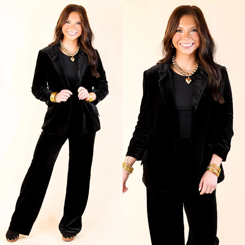 Women's Long Outerwear Coats Chic Arrival 3/4 Sleeve Velvet Blazer in Black