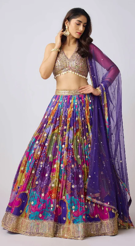 Plus-Size Dresses For Women Purple Georgette Embroidered Lehenga Set