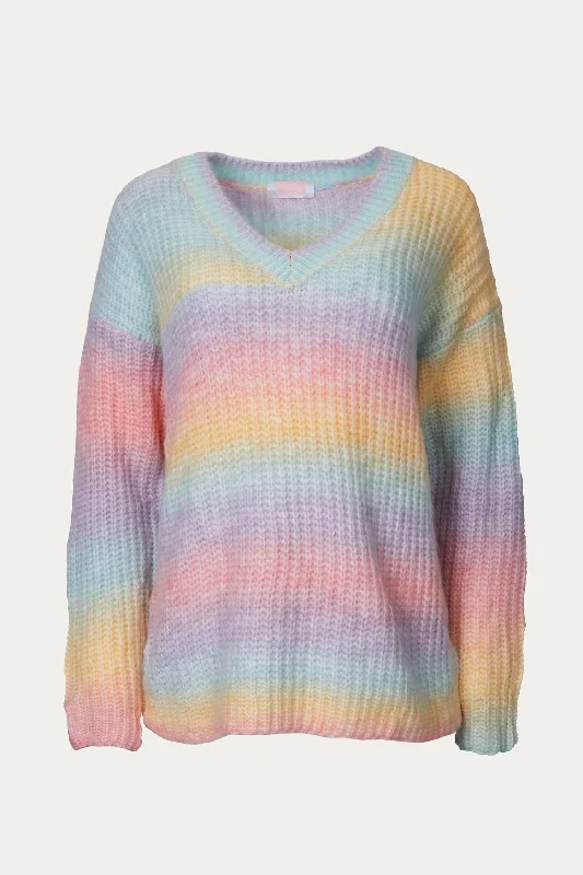 Chic Knit Tops For Office Wear V-Neck Rainbow Sweater In Blush