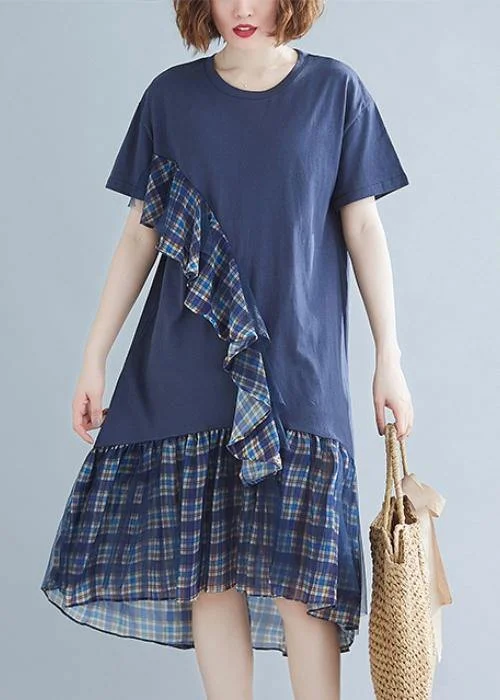 Plus-Size Dresses For Women Women blue plaid Cotton tunic o neck patchwork tulle daily Dresses