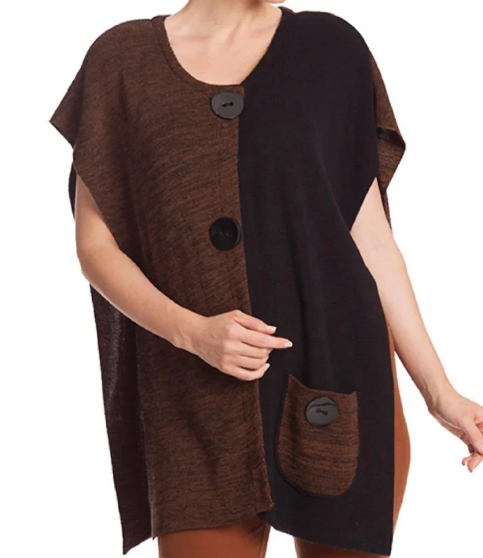 Lightweight Wool Knit Tops Large Button Poncho Sweater In Brown/black