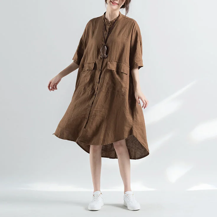 Comfortable Casual Dresses fashion khaki cotton dresses plus size cotton dress women half sleeve Stand cotton dress