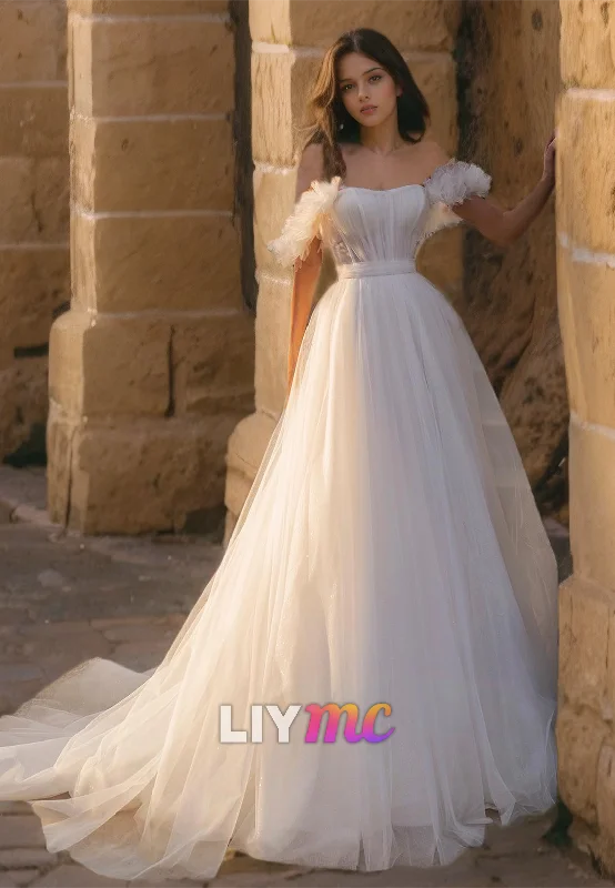 Elevated Party Dresses Off-Shoulder Strapless Tulle Pleated A-Line Ball Gown Wedding Dress