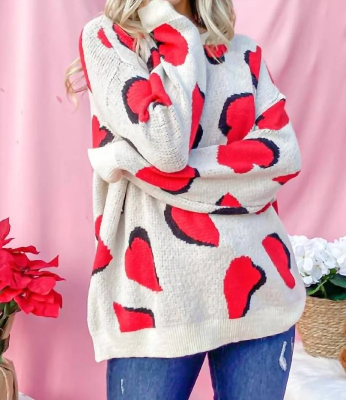 Plus Size Knit Tops Heart Pattern Knit Sweater Top In Red