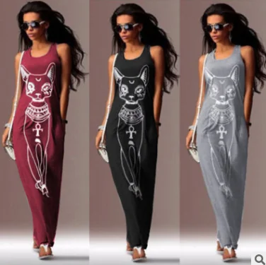 Comfortable Casual Dresses Egyptian Cat Maxi Bohemian Dress, Summer Boho Dress For Women