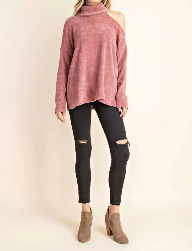 Cozy Knitted Tops Cold Shoulder Turtleneck Sweater In Mauve