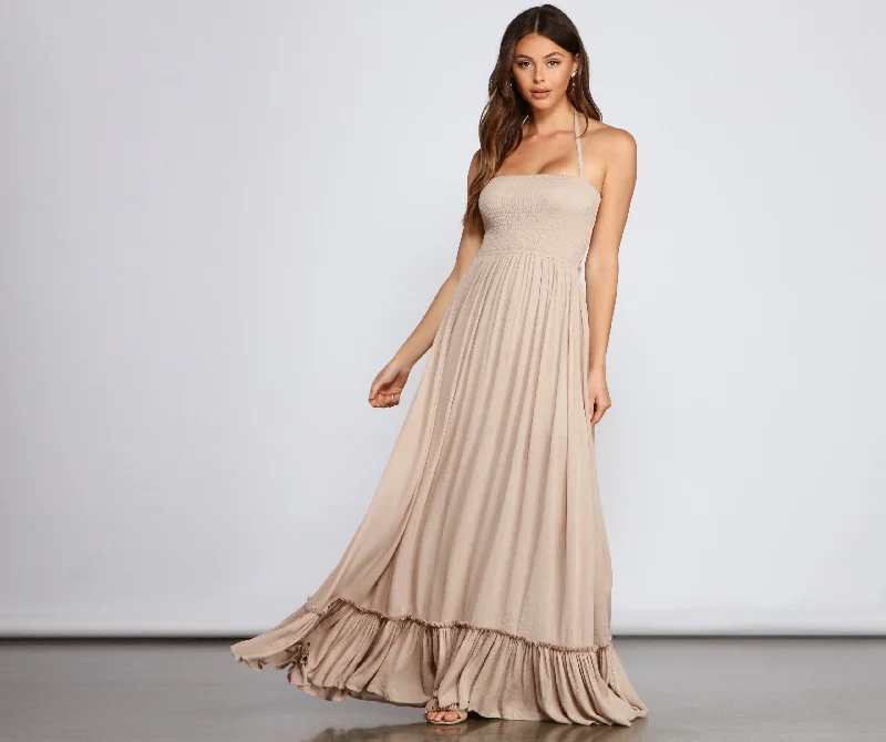 Elegant Evening Gowns Go With The Charming Flow Smocked Maxi Dress