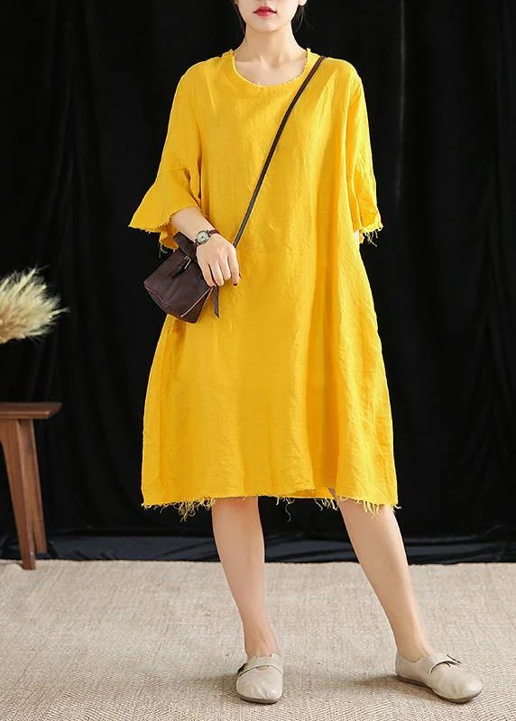 Elegant Evening Gowns Italian yellow linen quilting clothes o neck Petal Sleeve daily Dresses