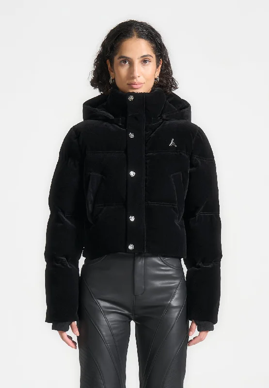 Sporty Outerwear Jackets Velvet Eiffel Cropped Puffer Jacket - Black