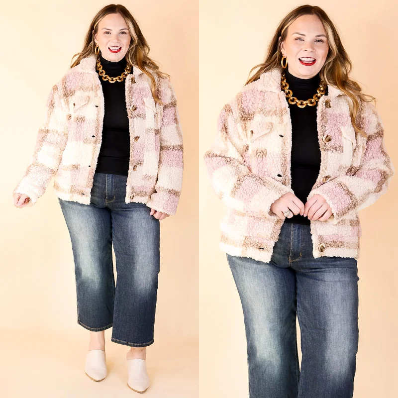 Women's Trench Coats Better in Brooklyn Plaid Button Up Sherpa Jacket in Pink and Ivory