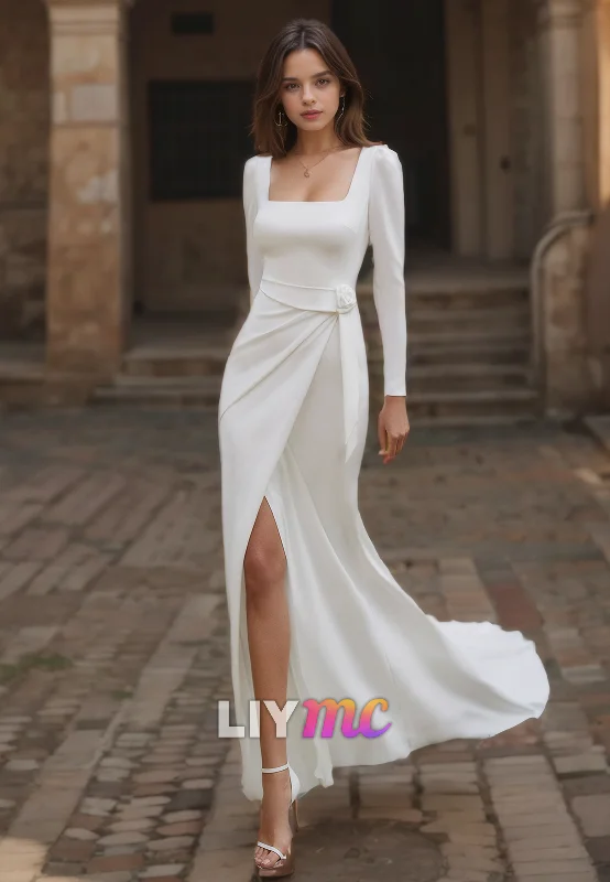 Women's Outdoor Dresses Square Long Sleeves Ruched Side Slit Wedding Dress