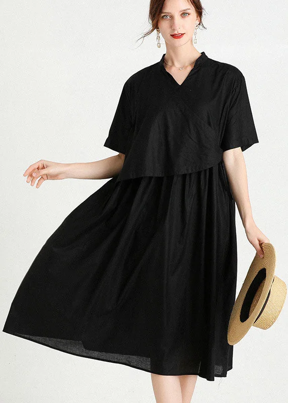 Dressy Evening Dresses Modern Black Cinched Patchwork Cotton Dresses Short Sleeve