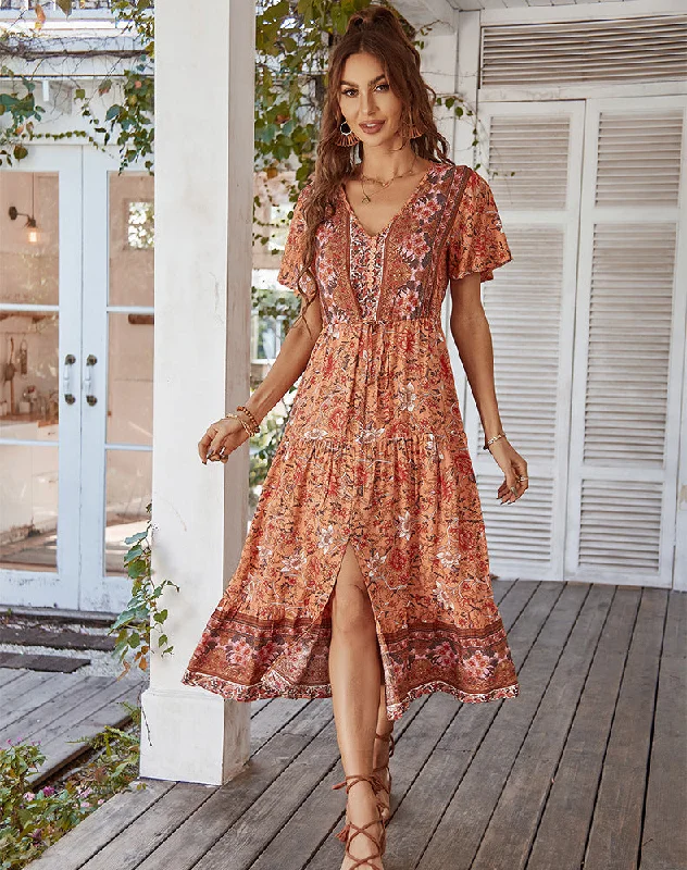 Colorful Summer Dresses Frenzy Paisley Tie Front Cutout Maxi Dress