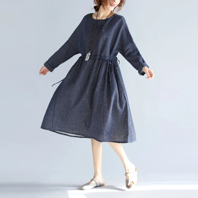 Dressy Evening Dresses baggy blue cotton linen knee dress plus size traveling clothing 2018 long sleeve large hem O neck dotted knee dresses