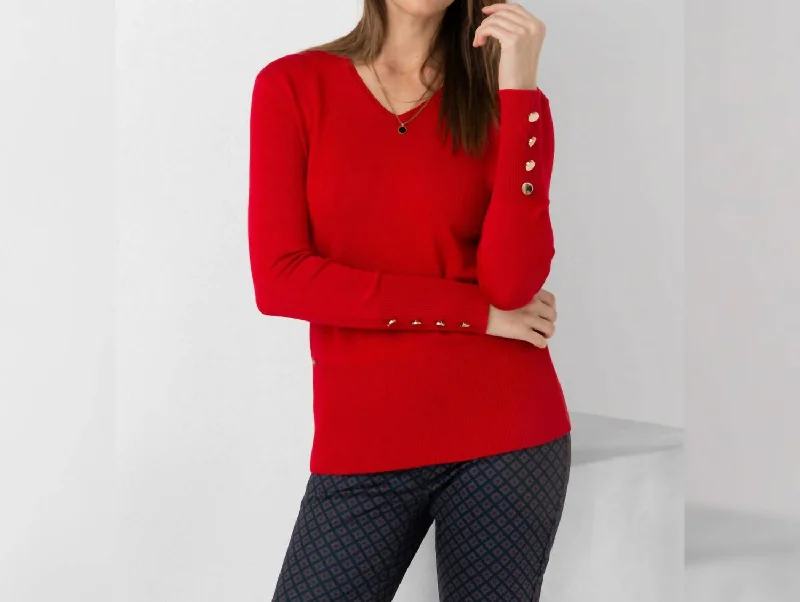 Elevated Knit Tops For Evening Wear Juliette Red Long Sleeve Sweater