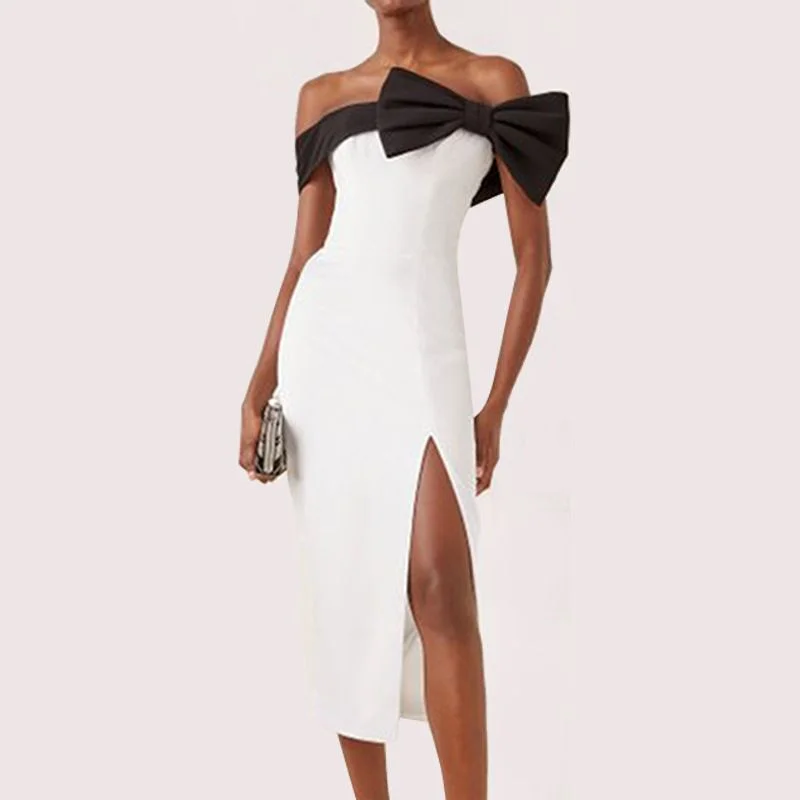 Elegant Evening Gowns Black And White Bow Party Dress, Cocktail Dress