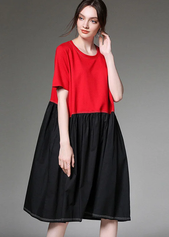 Chic Evening Dresses Stylish Red O-Neck Patchwork Cotton Dresses Short Sleeve