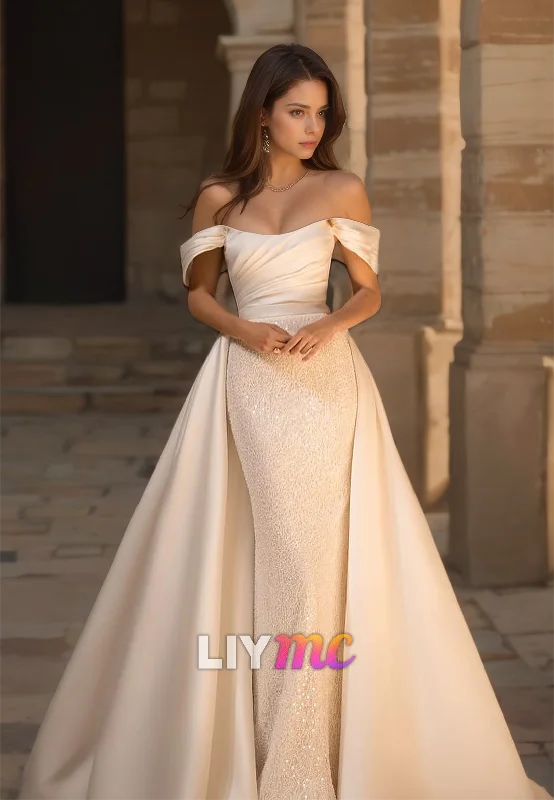 Dressy Evening Dresses Off-Shoulder Strapless Beaded Mermaid Removable Train Wedding Dress