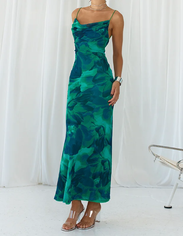 Dressy Evening Dresses Calista Green Bloom Cowl Graceful Neck Slip Maxi Dress