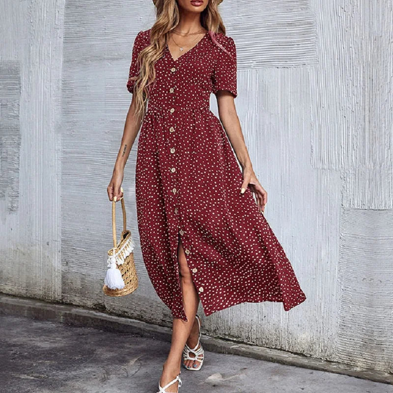 Cute Summer Dresses Vacation Chic Single-breasted Cardigan V-neck Short Sleeve Hem Slit Retro Dot Midi Dress