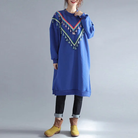 Elevated Party Dresses winter warm blue cotton fashion dresses plus size tassel decorated traveling dress