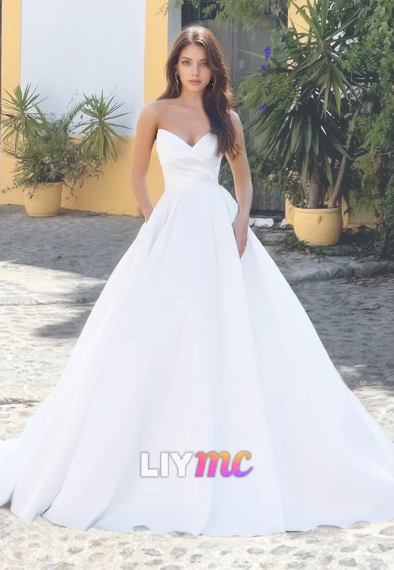 Comfortable Casual Dresses V-Neck Sleeveless Pleated Sleek Satin A-Line Wedding Dress