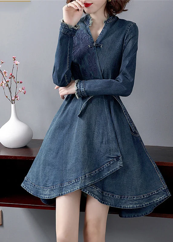 Soft Cotton Dresses Italian Blue V Neck Sashes Embroideried Cotton denim Dress Long sleeve