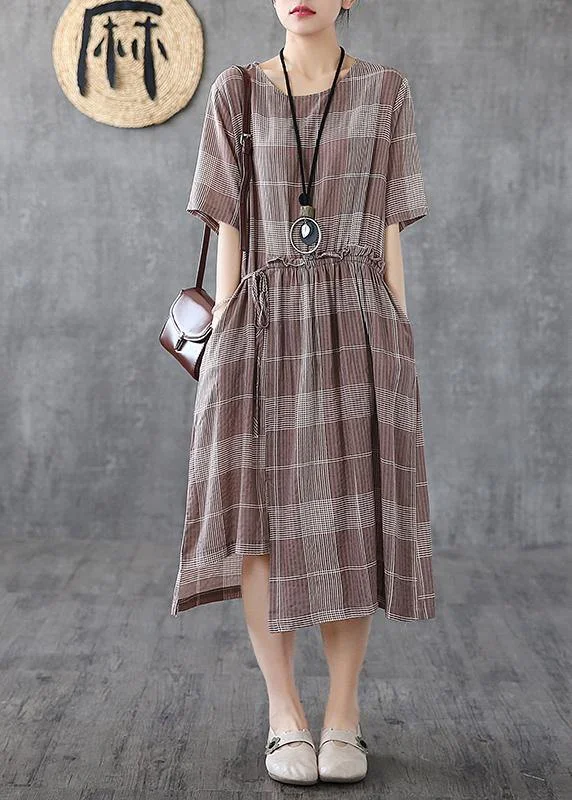 Comfortable Casual Dresses Loose light purple plaid cotton Robes o neck asymmetric Maxi Dress