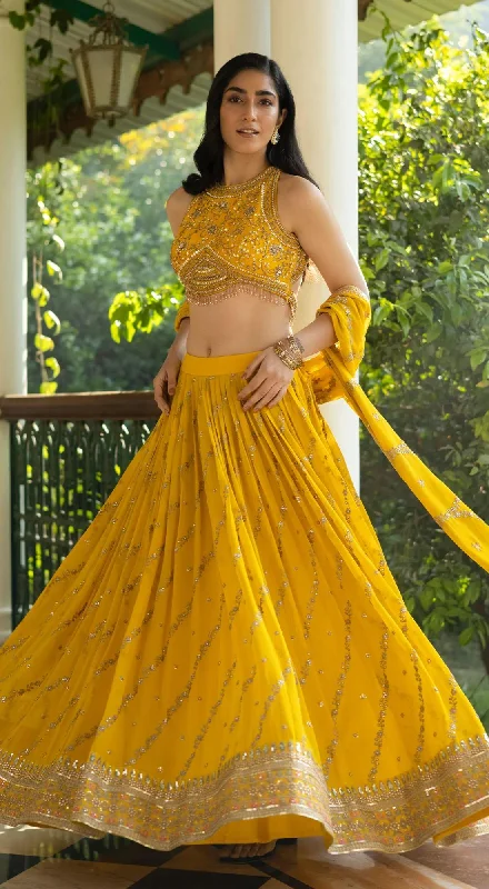 Chic Evening Dresses canary yellow hand embroidered lehenga set