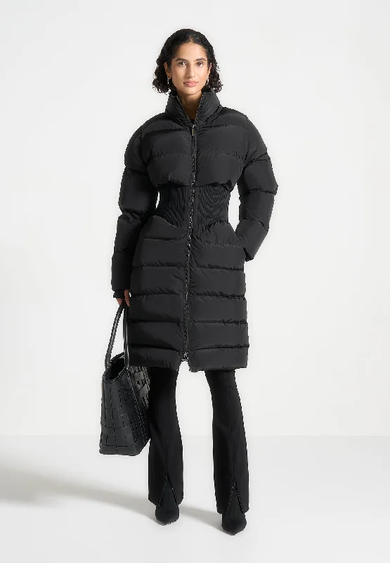 Stylish Outerwear Cardigans Corset Detail Longline Puffer Coat - Black