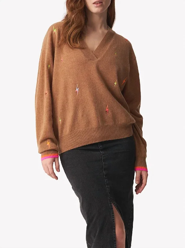 Soft Cotton Knit Tops Lightning Bolt V Neck Sweater In Chestnut