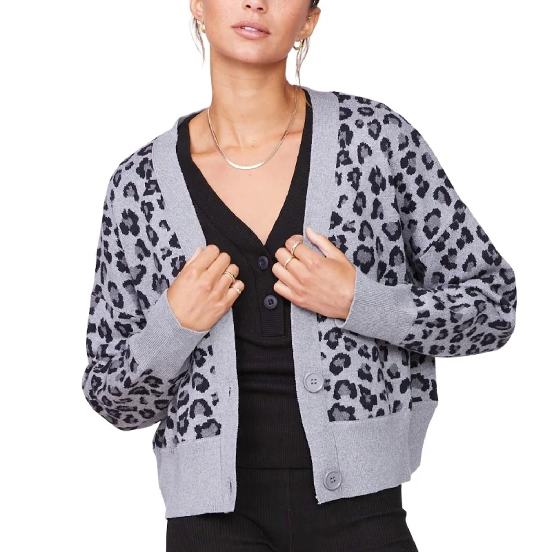 Knit Tops With Sleeves Oversized Leopard Cardigan In Heather Grey