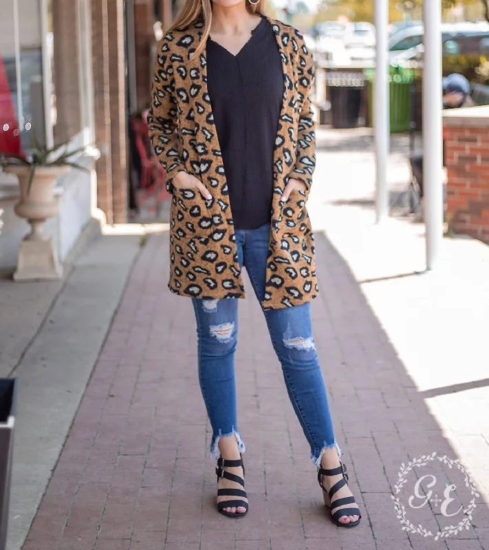 Feminine Fit Knit Tops Fireplace Chillin Sweater Cardigan With Pockets In Leopard