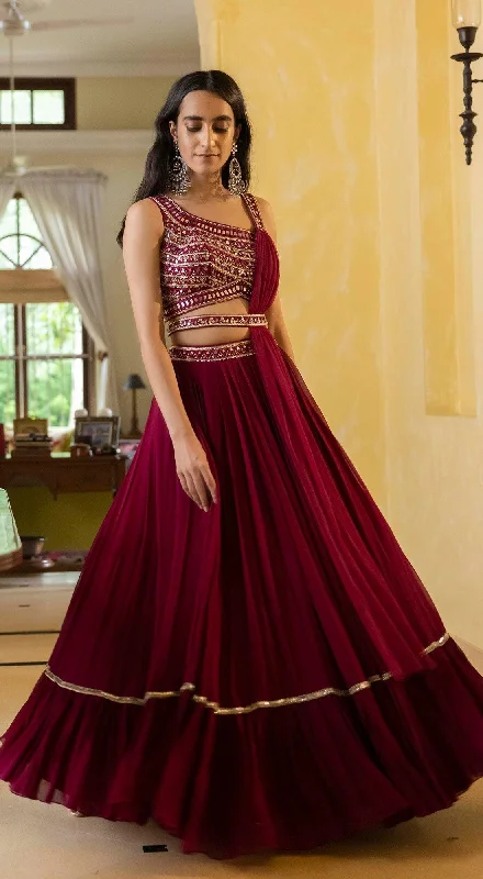 Casual Day Dresses Wine Lehenga Set with Mirror Work