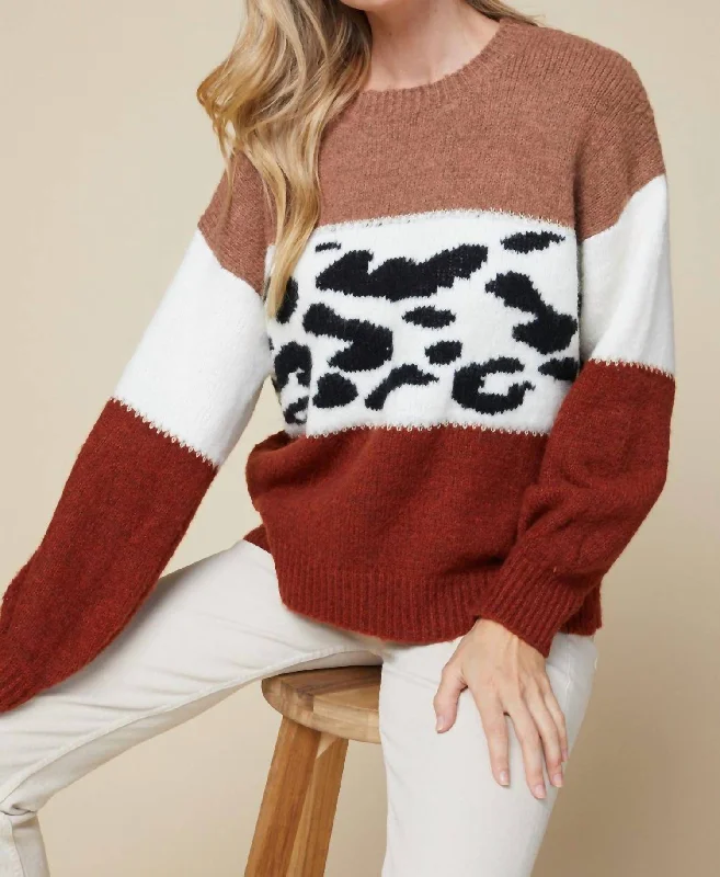 Knit Tops For Everyday Wear Color Block Sweater In Leopard Print