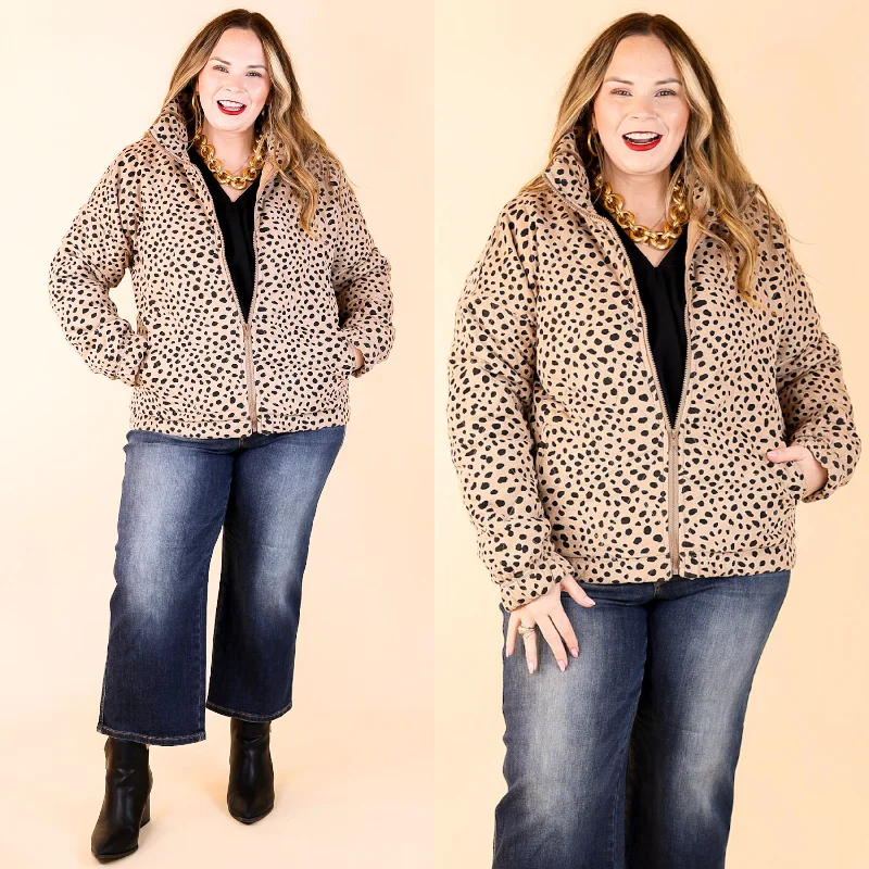 Stylish Outerwear Cardigans Snowy Sundays Dotted Zip Up Puffer Jacket in Taupe