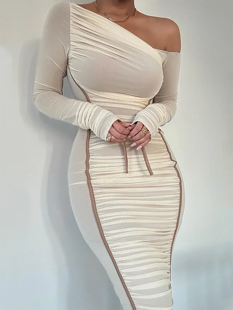 Women's Holiday Dresses Diagonal Collar Mesh Backless Ruched Bodycon Long Midi Dress