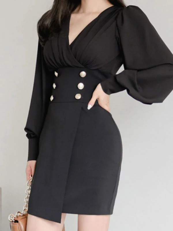 Comfortable Casual Dresses Button Embellished Long Sleeve Midi Dress