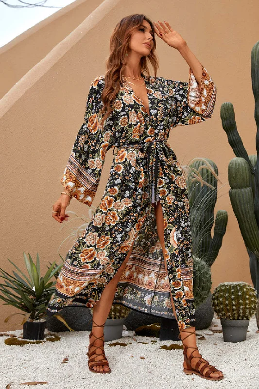 Comfortable Casual Dresses Shaken Leaves Floral Boho Maxi Dress