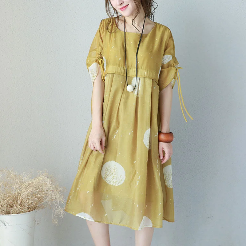 Elevated Party Dresses Fine yellow prints chiffon dresses oversized high waist dress Elegant drawstring sleeve dresses