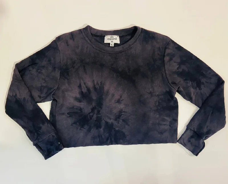 Textured Knit Tops Tie-Dye Crop Sweatshirt In Charcoal