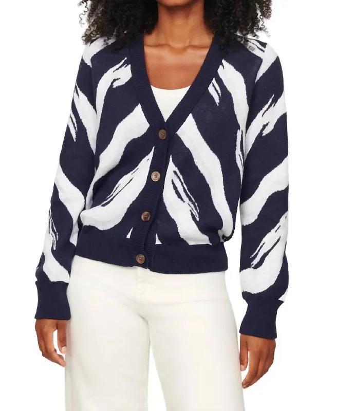 Relaxed Fit Knit Tops Mila Zebra Vee Cardigan In Midnight Multi