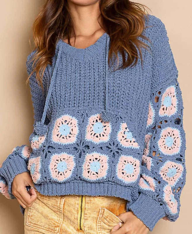 Elevated Knit Tops For Evening Wear Cornflower Crochet Square Patch Hooded Pullover Sweater In Blue