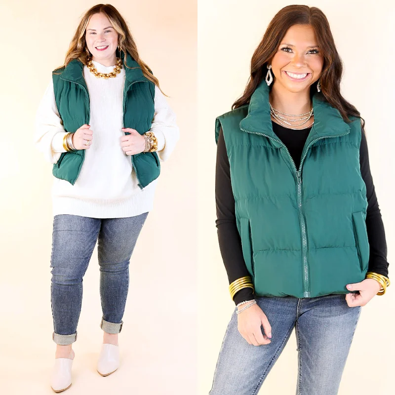 Chic Belted Outerwear Whispering Pines Puffer Vest in Hunter Green