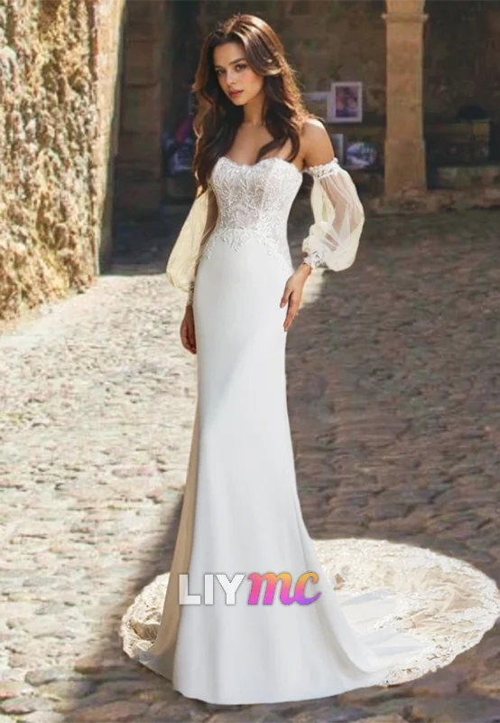 Casual Day Dresses Sweetheart Sleeves Appliques Sleek Mermaid Wedding Dress