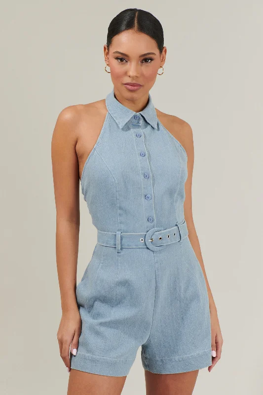 Women's Elegant One-Piece Dresses Roslyn Denim Halter Neck Romper