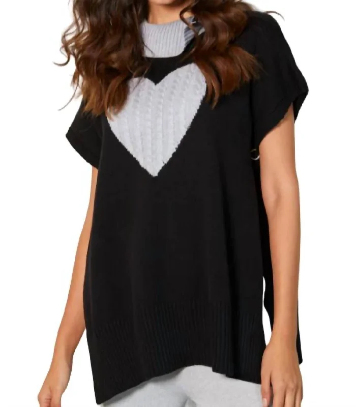 Long Knit Tops For Women Zip Cowl Neck Heart Poncho In Black/slate